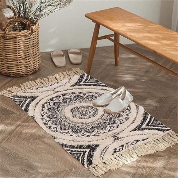 Cotton Rug, 2X3 Black Mandala Boho Rug, Hand Woven Bohemian Throw Rugs - Picture 7 of 7